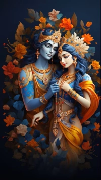 Digital painting of Radha and Krishna in a close embrace, surrounded by orange and blue flowers on a dark background. | PrintPosters.in